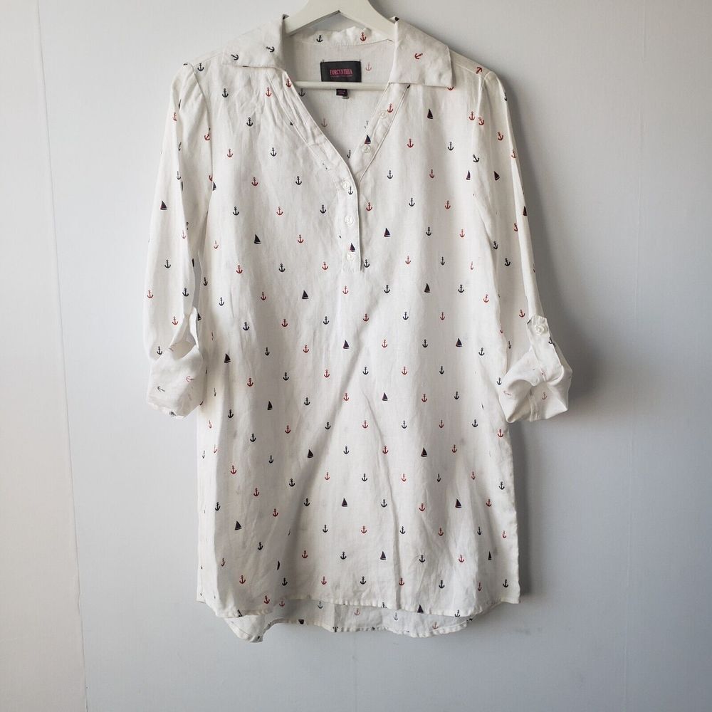 forcynthia beachwear women's popover‎ 100% linen top sz S roll-tab sleeve beachy